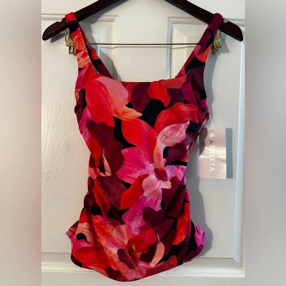 NWT ATHLETA Square Neck Tankini 32 B/C Liana Floral Mauve Swim Top #657740 $84